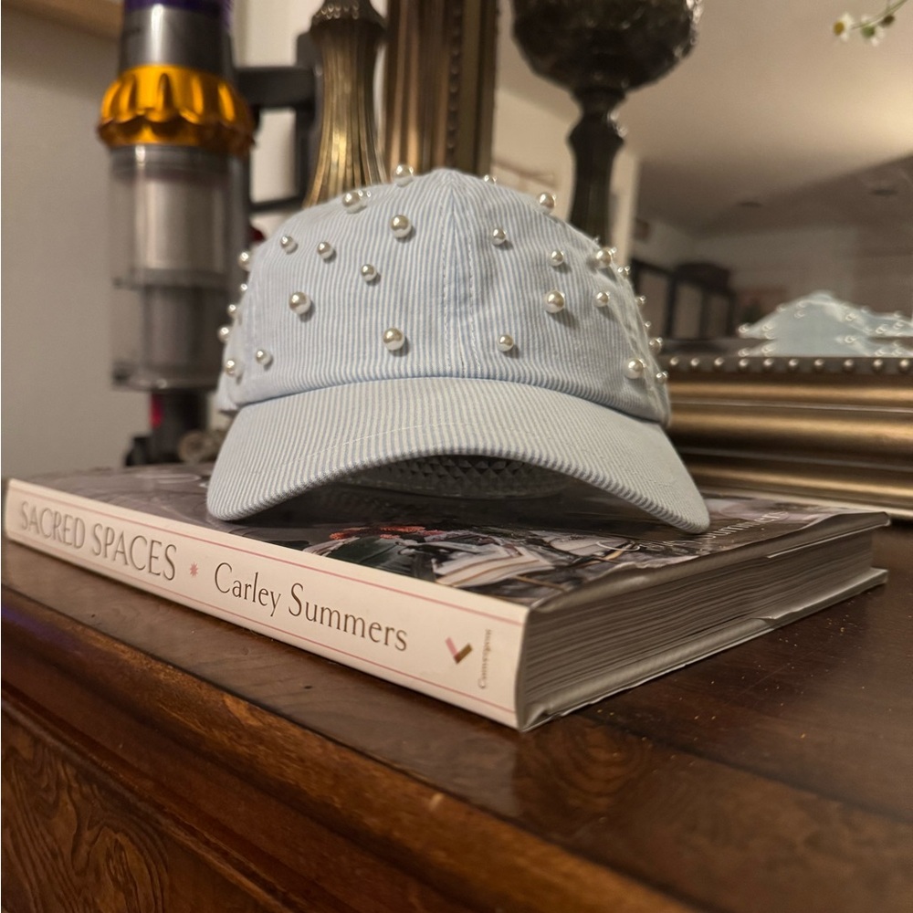 NEW Lele Sadoughi Light Blue & White Striped Baseball Cap w Pearl Embellishments